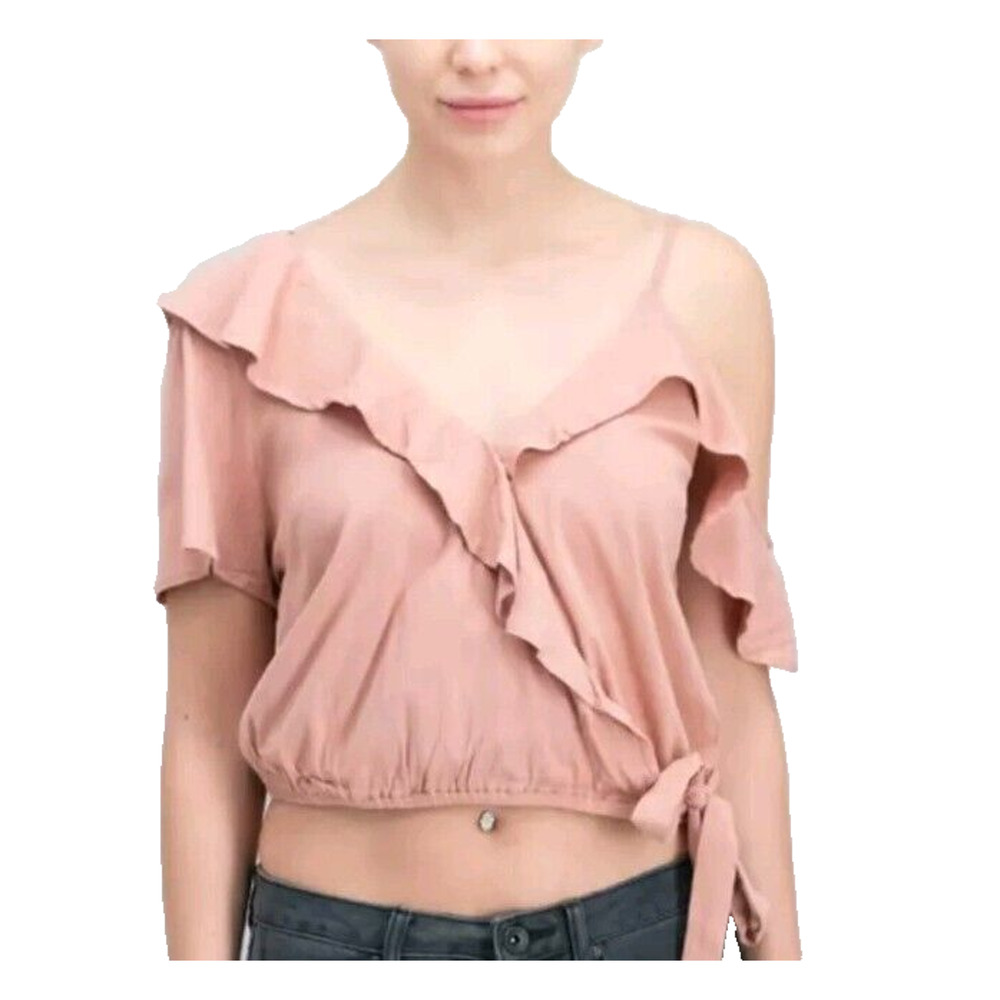 New! ASTR The Label Womens Large Top Carnation Pink Ruffles Cropped Wrap Front